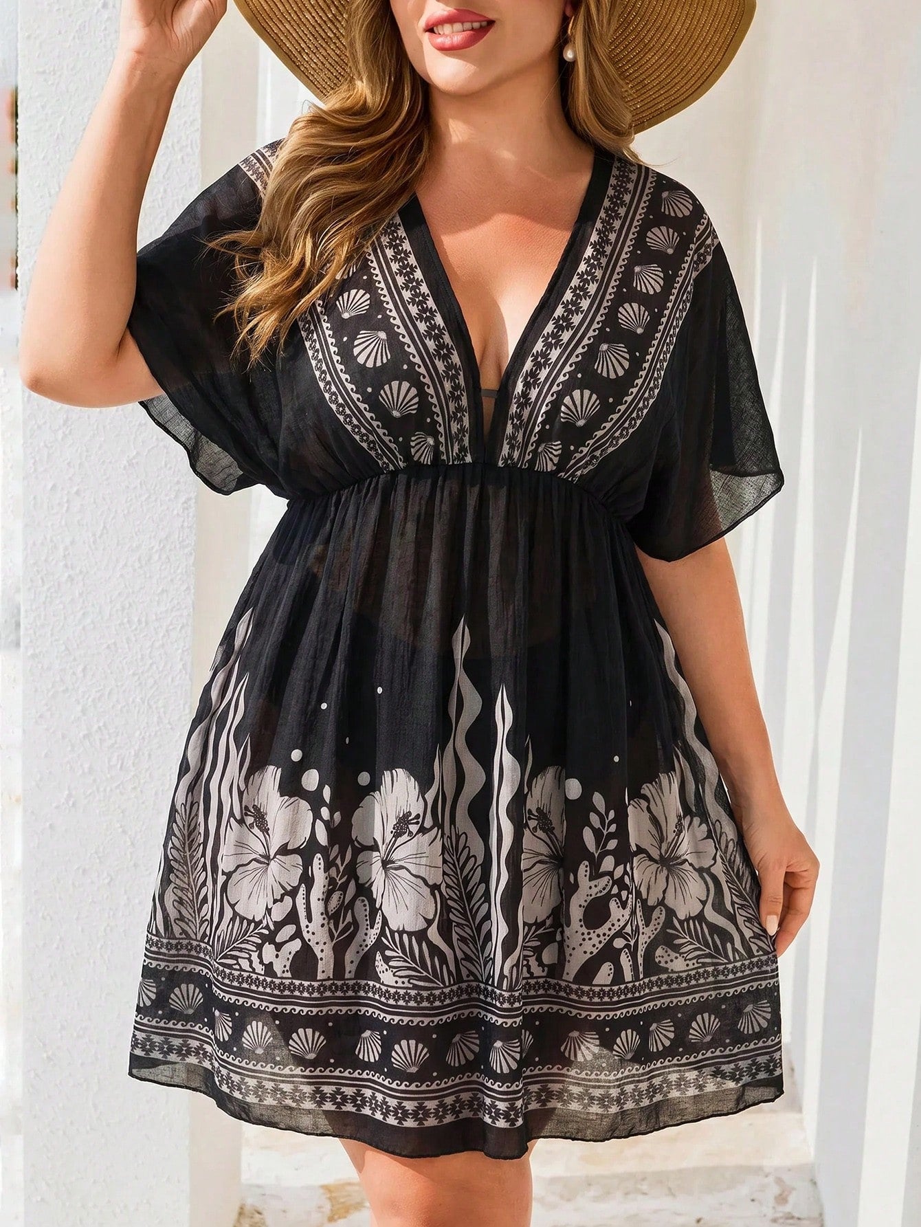 Swim Lushoire Plus Size Women V-Neck Floral Print Casual Vacation Cover-Up Dress