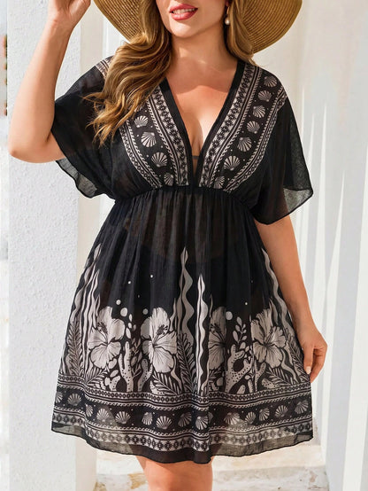 Swim Lushoire Plus Size Women V-Neck Floral Print Casual Vacation Cover-Up Dress