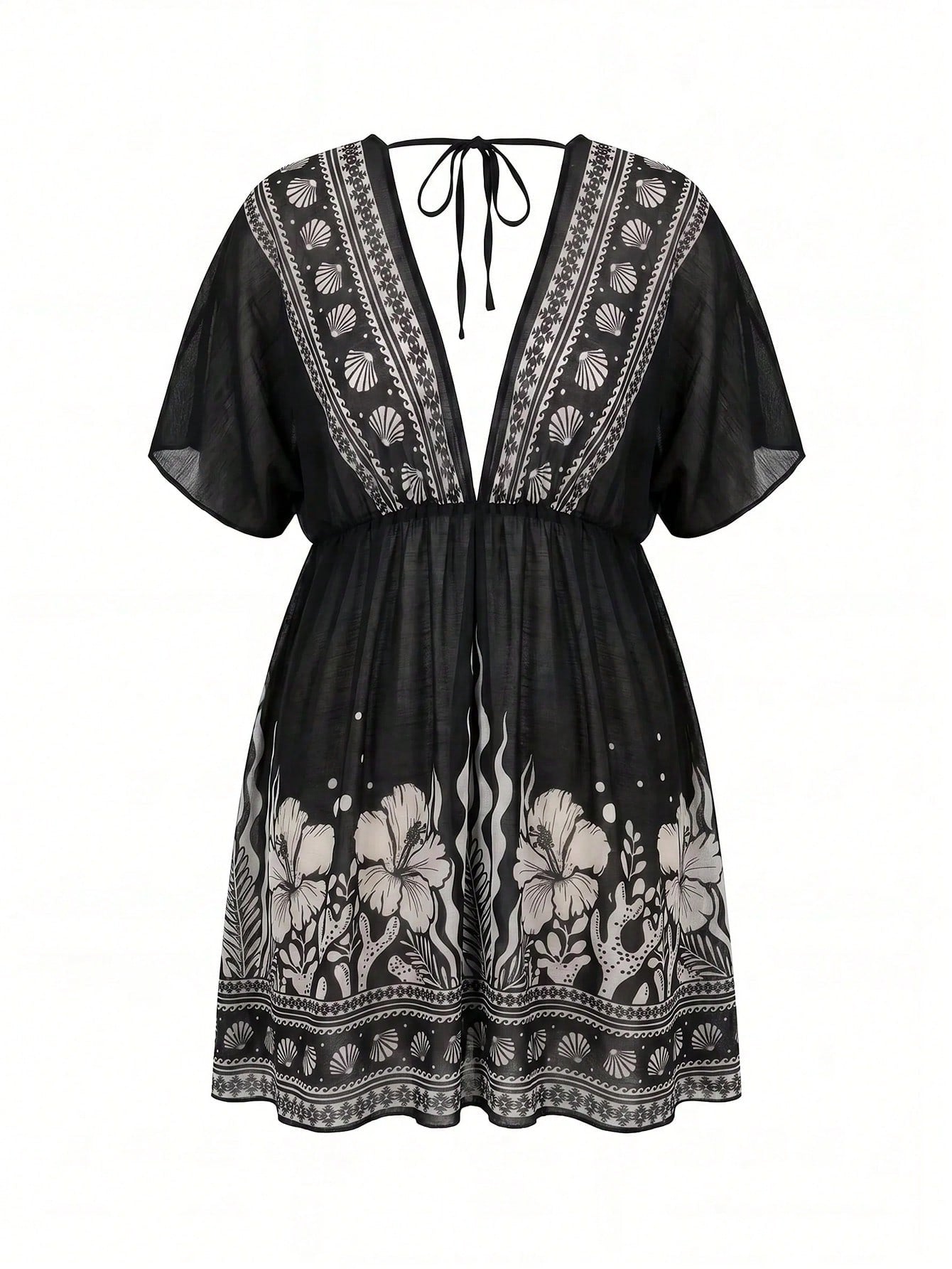Swim Lushoire Plus Size Women V-Neck Floral Print Casual Vacation Cover-Up Dress
