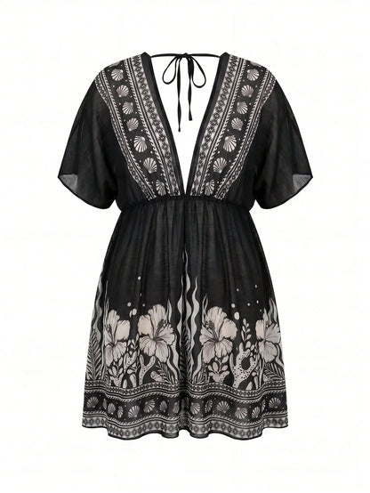 Swim Lushoire Plus Size Women V-Neck Floral Print Casual Vacation Cover-Up Dress