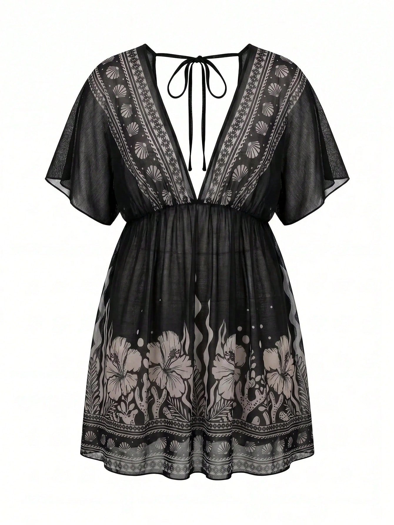 Swim Lushoire Plus Size Women V-Neck Floral Print Casual Vacation Cover-Up Dress
