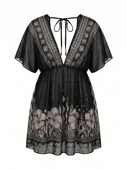 Swim Lushoire Plus Size Women V-Neck Floral Print Casual Vacation Cover-Up Dress