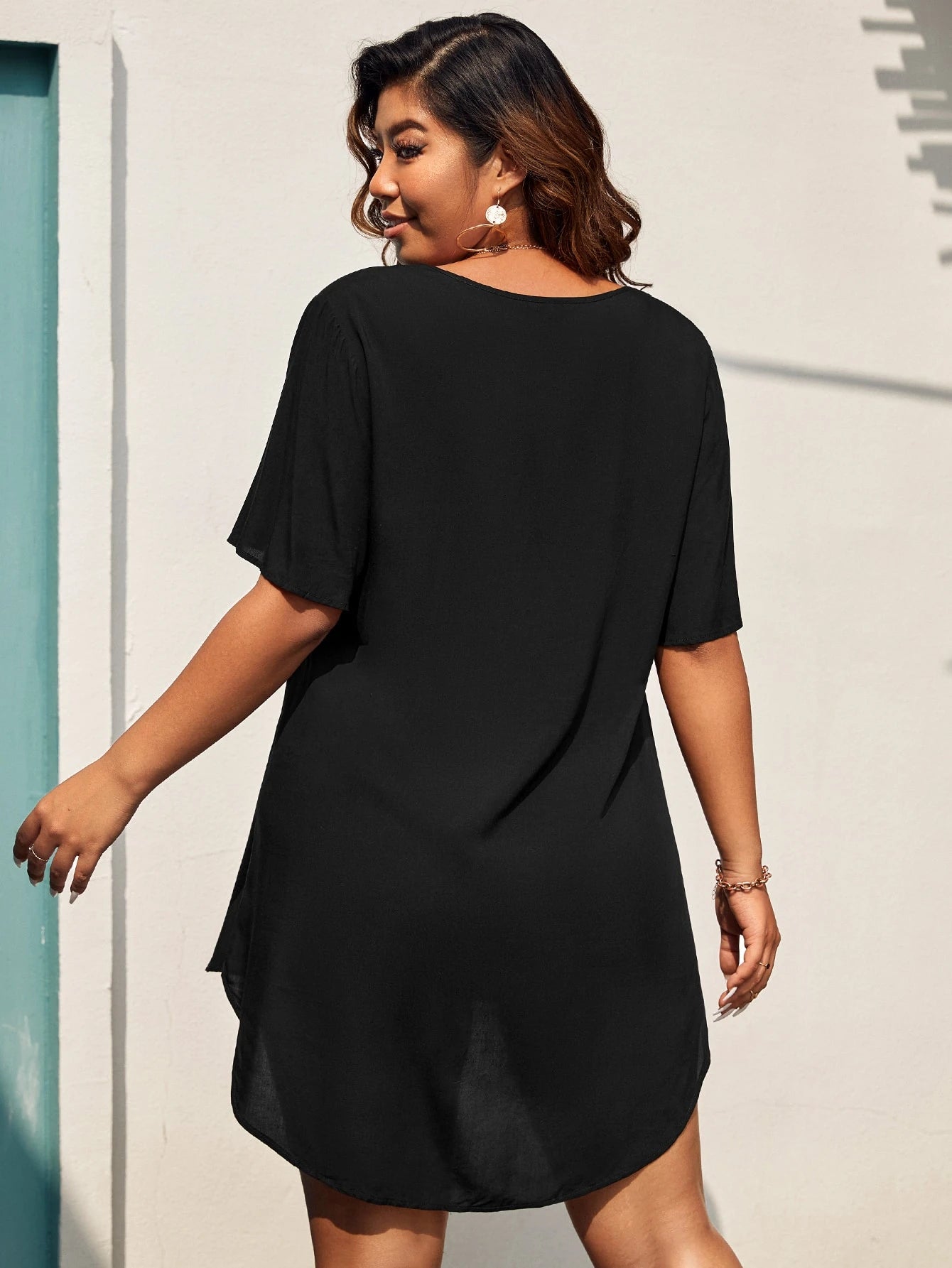 Swim Lushoire Summer Beach Plus Contrast Guipure Lace Butterfly Sleeve Tassel Tie Front Cover Up Dress