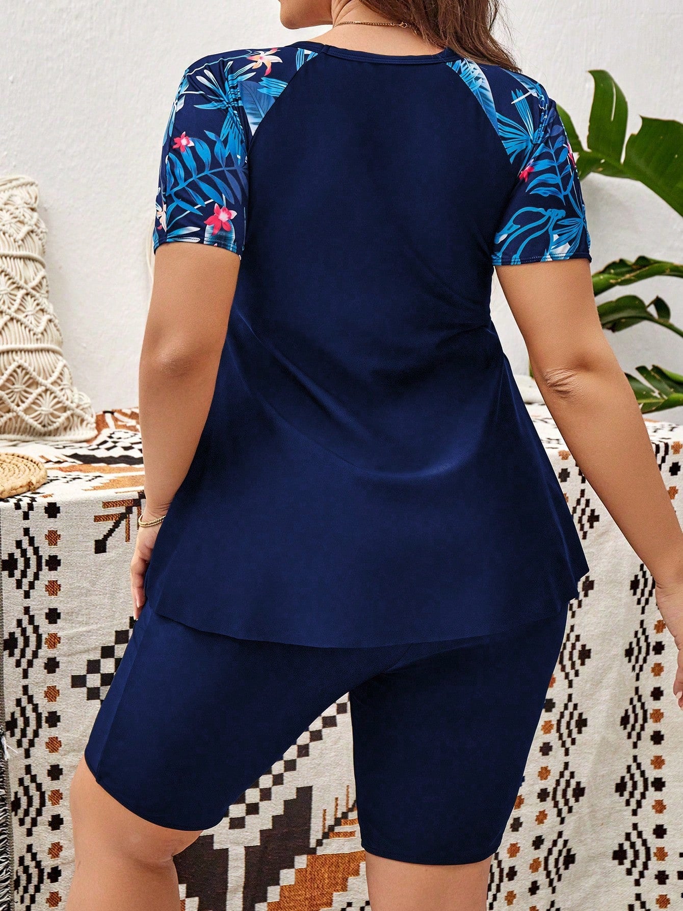 Swim Lushoire Summer Beach Plus Size Tropical Print Rashguard Short Sleeve Tee With Shorts Set