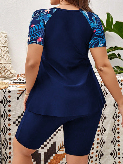 Swim Lushoire Summer Beach Plus Size Tropical Print Rashguard Short Sleeve Tee With Shorts Set