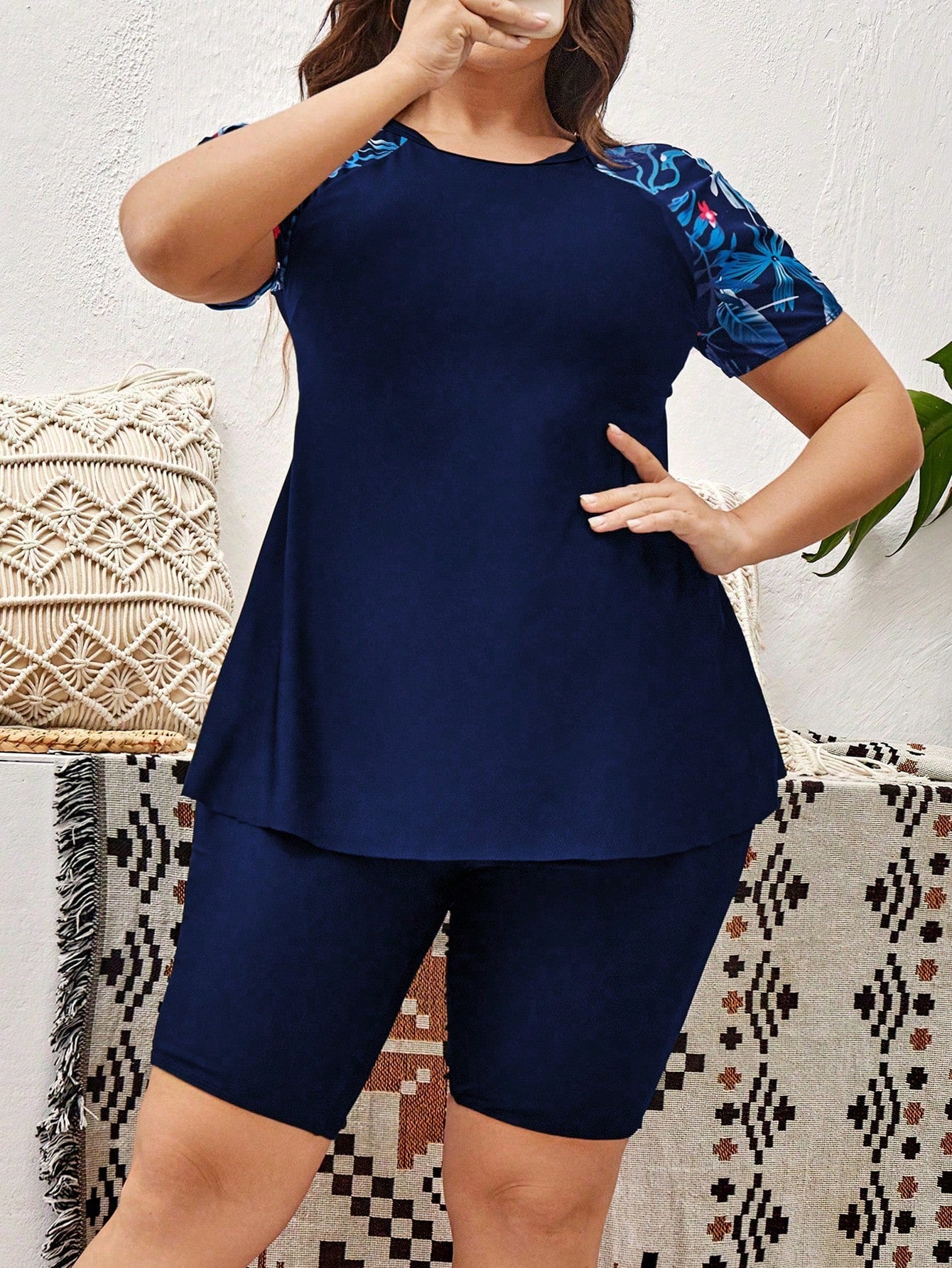 Swim Lushoire Summer Beach Plus Size Tropical Print Rashguard Short Sleeve Tee With Shorts Set