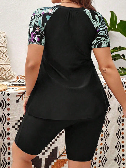 Swim Lushoire Summer Beach Plus Size Tropical Print Rashguard Short Sleeve Tee With Shorts Set