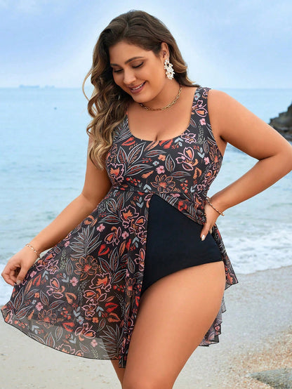 Swim Lushoire Summer Beach Plus Size Women's One-Piece Swimsuit With Plants Print