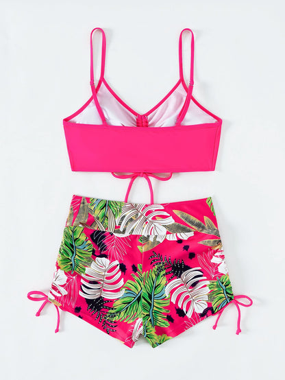 Swim Lushoire Summer Beach Tropical Print Bikini Set Drawstring Cami Bra & Boxer Shorts 2 Piece Bathing Suit
