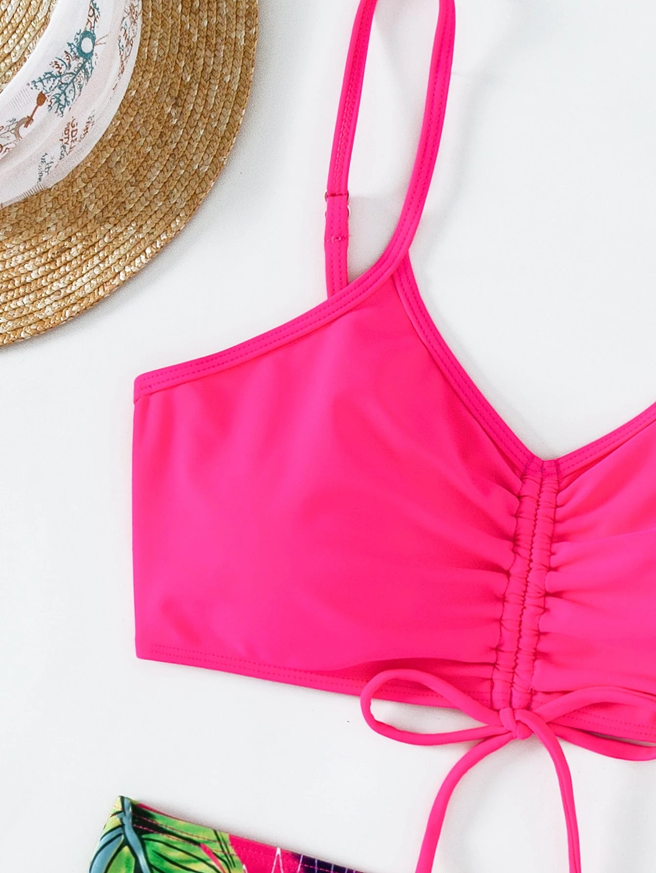 Swim Lushoire Summer Beach Tropical Print Bikini Set Drawstring Cami Bra & Boxer Shorts 2 Piece Bathing Suit