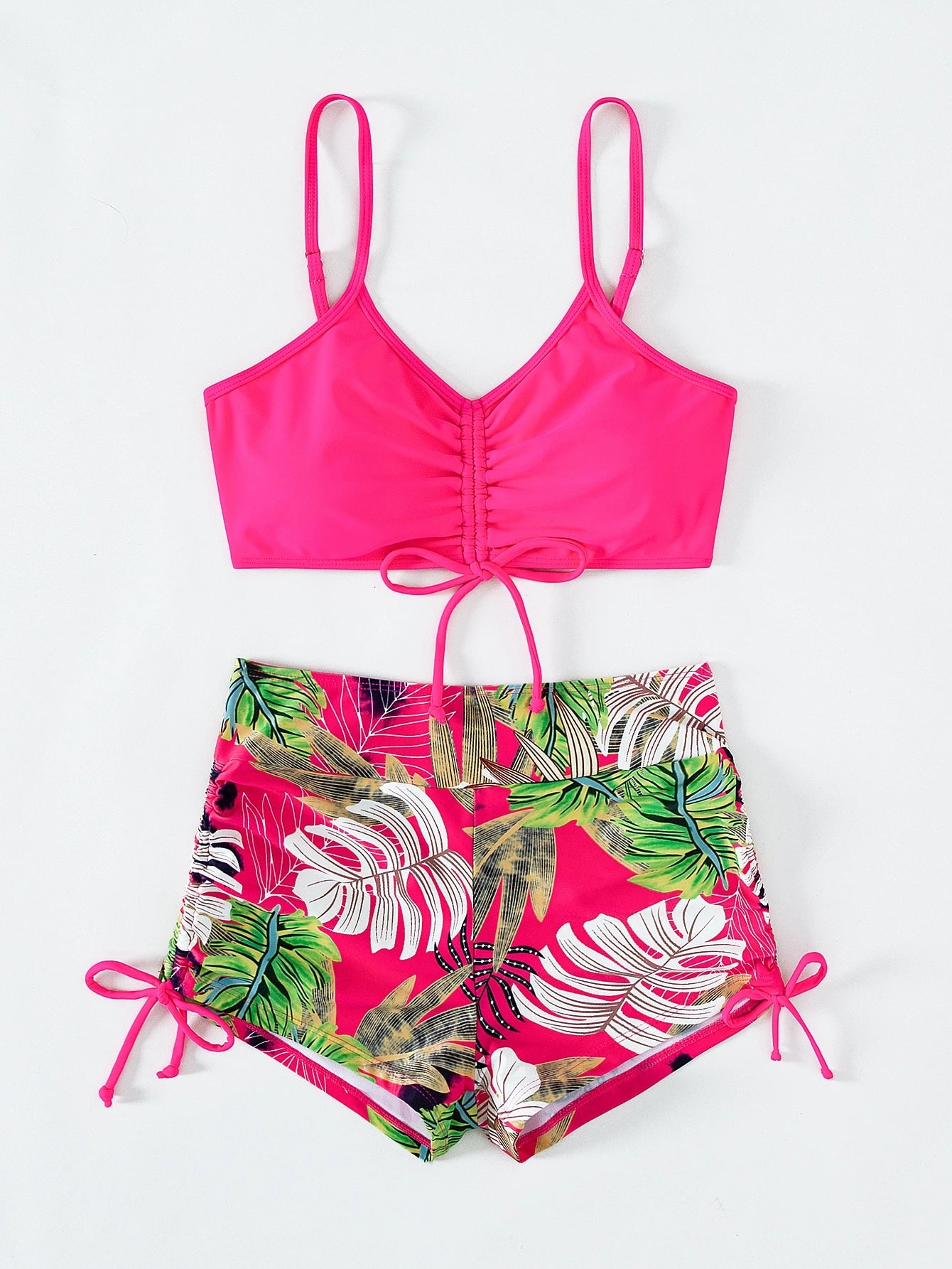 Swim Lushoire Summer Beach Tropical Print Bikini Set Drawstring Cami Bra & Boxer Shorts 2 Piece Bathing Suit