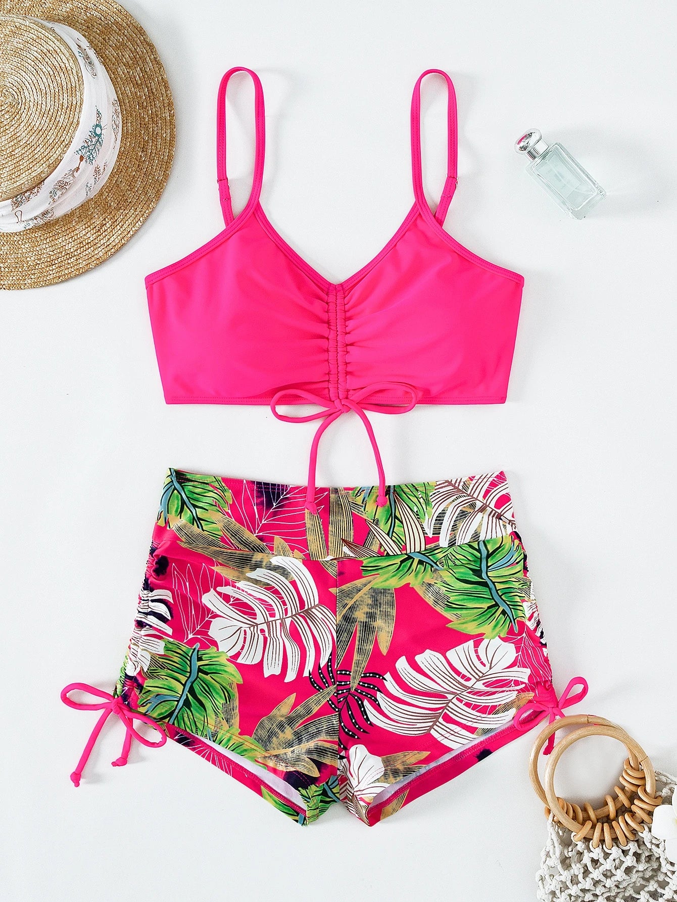 Swim Lushoire Summer Beach Tropical Print Bikini Set Drawstring Cami Bra & Boxer Shorts 2 Piece Bathing Suit