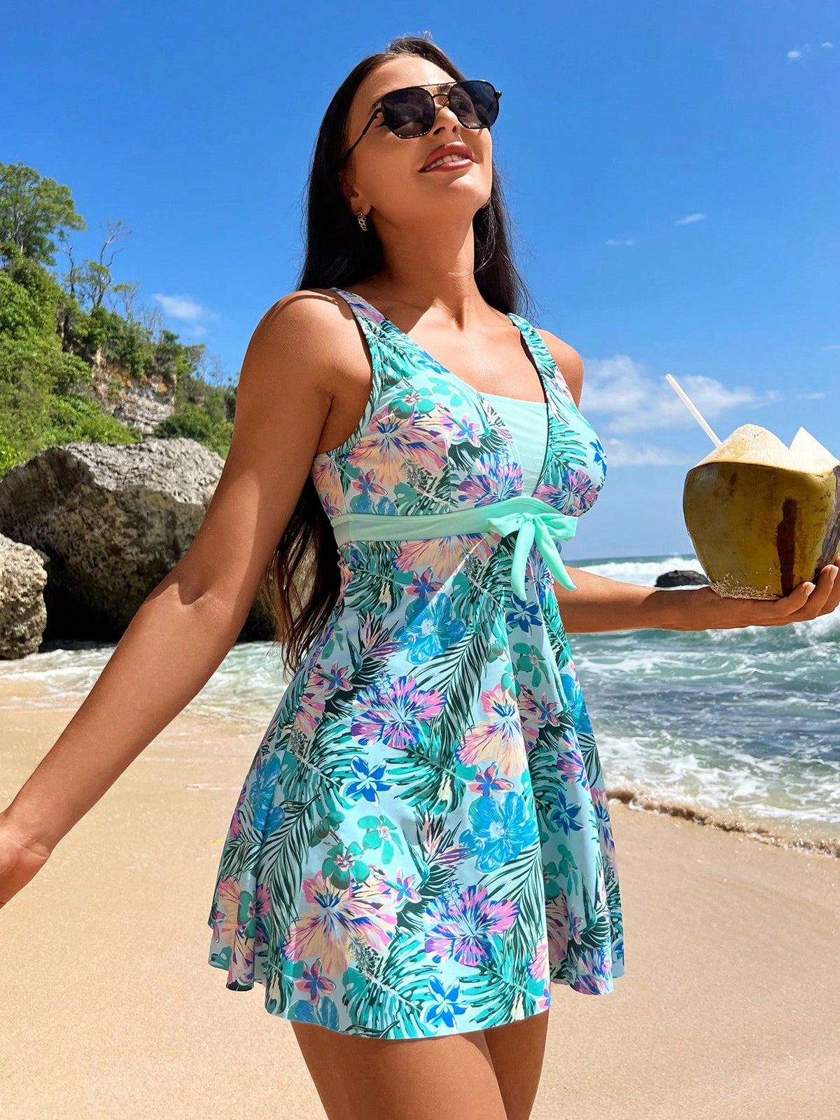 Swim Lushoire Summer Beach Tropical Print Swim Dress With Bikini Bottom