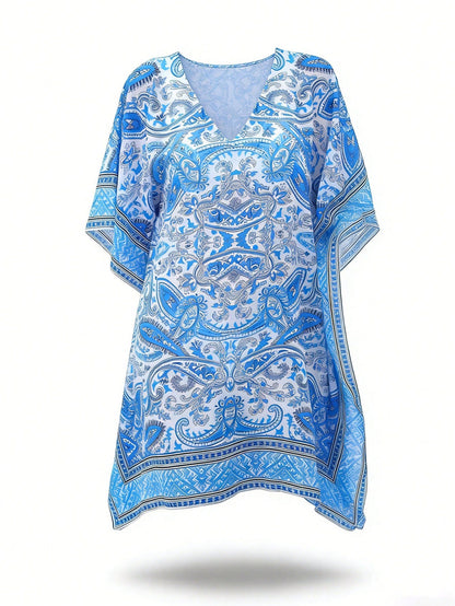 Swim Lushoire Summer Beach Women Holiday Loose Fit Cover Up Dress With Paisley Print V-Neckline And Batwing Sleeves