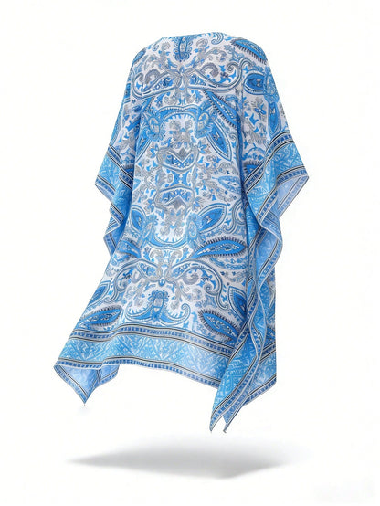 Swim Lushoire Summer Beach Women Holiday Loose Fit Cover Up Dress With Paisley Print V-Neckline And Batwing Sleeves