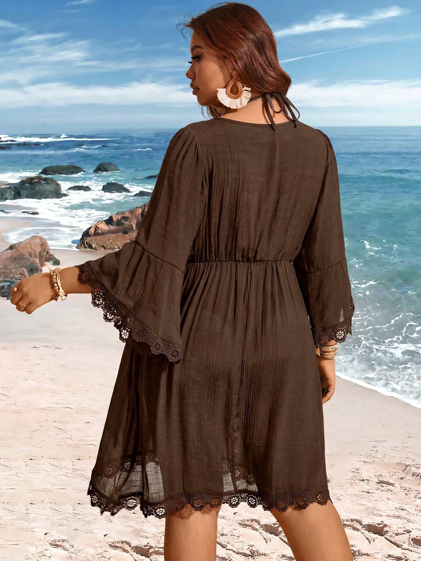 Swim Lushoire V-Neck Lace Patchwork Flare Sleeve Plus Size Cover-Up