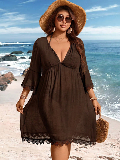 Swim Lushoire V-Neck Lace Patchwork Flare Sleeve Plus Size Cover-Up