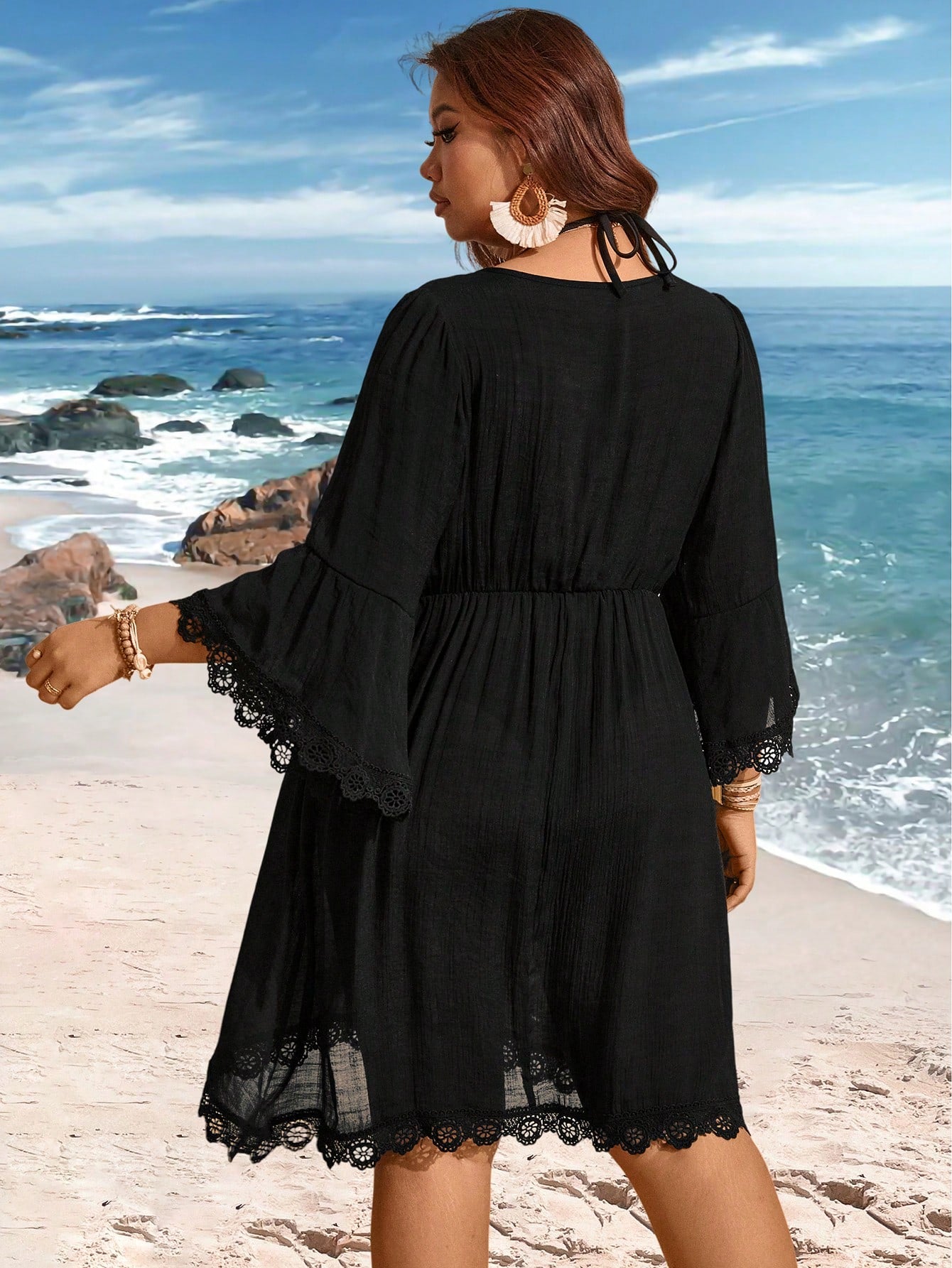 Swim Lushoire V-Neck Lace Patchwork Flare Sleeve Plus Size Cover-Up