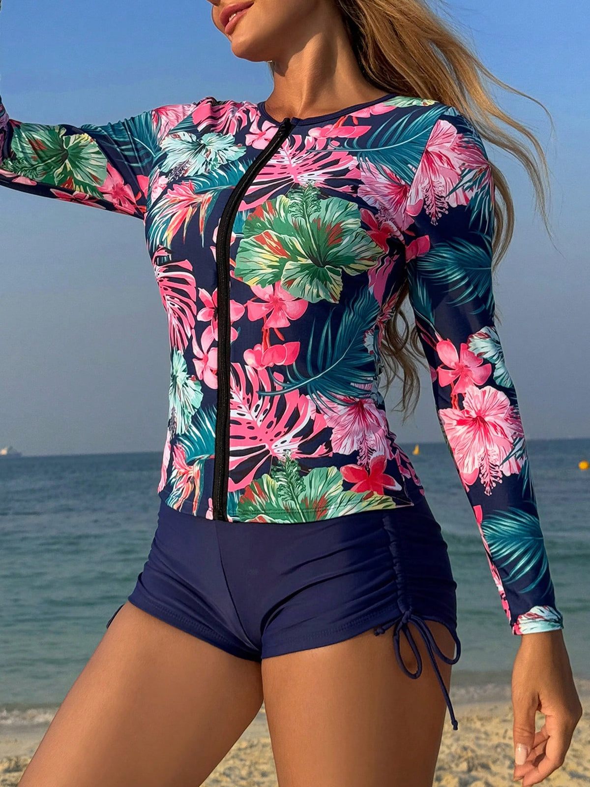 Swim Lushoire Women 2 Pieces Surfing Swimsuit,Navy Blue Floral,Summer,Casual,Beach Party,Holiday,Vacation,Holiday Plant Print Tankini Top And Shorts Beach Swimwear
