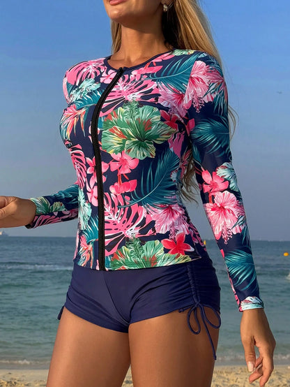 Swim Lushoire Women 2 Pieces Surfing Swimsuit,Navy Blue Floral,Summer,Casual,Beach Party,Holiday,Vacation,Holiday Plant Print Tankini Top And Shorts Beach Swimwear