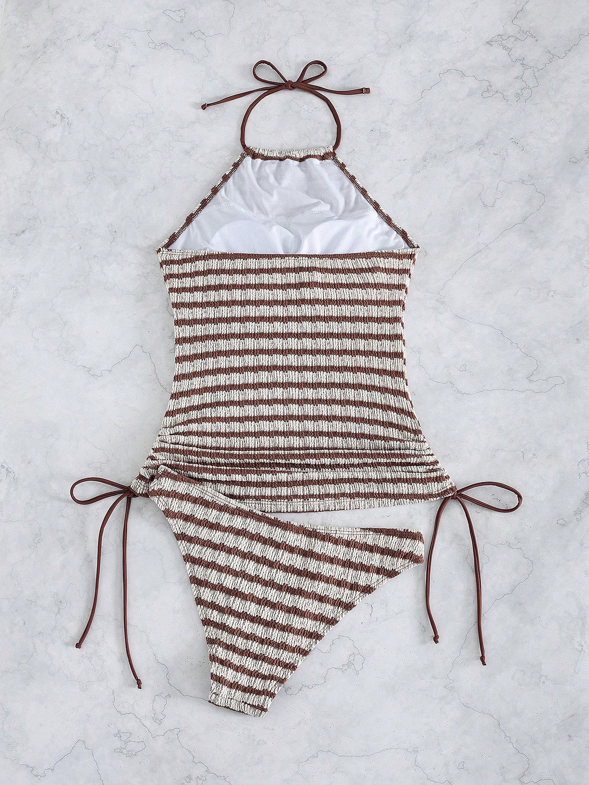 Swim Lushoire Women's Blue And White Stripe Drawstring Textured Fabric Spaghetti Strap Backless Holiday Camisole Bikini Top Beach Summer Casual