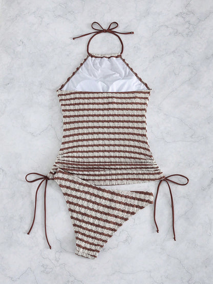Swim Lushoire Women's Blue And White Stripe Drawstring Textured Fabric Spaghetti Strap Backless Holiday Camisole Bikini Top Beach Summer Casual