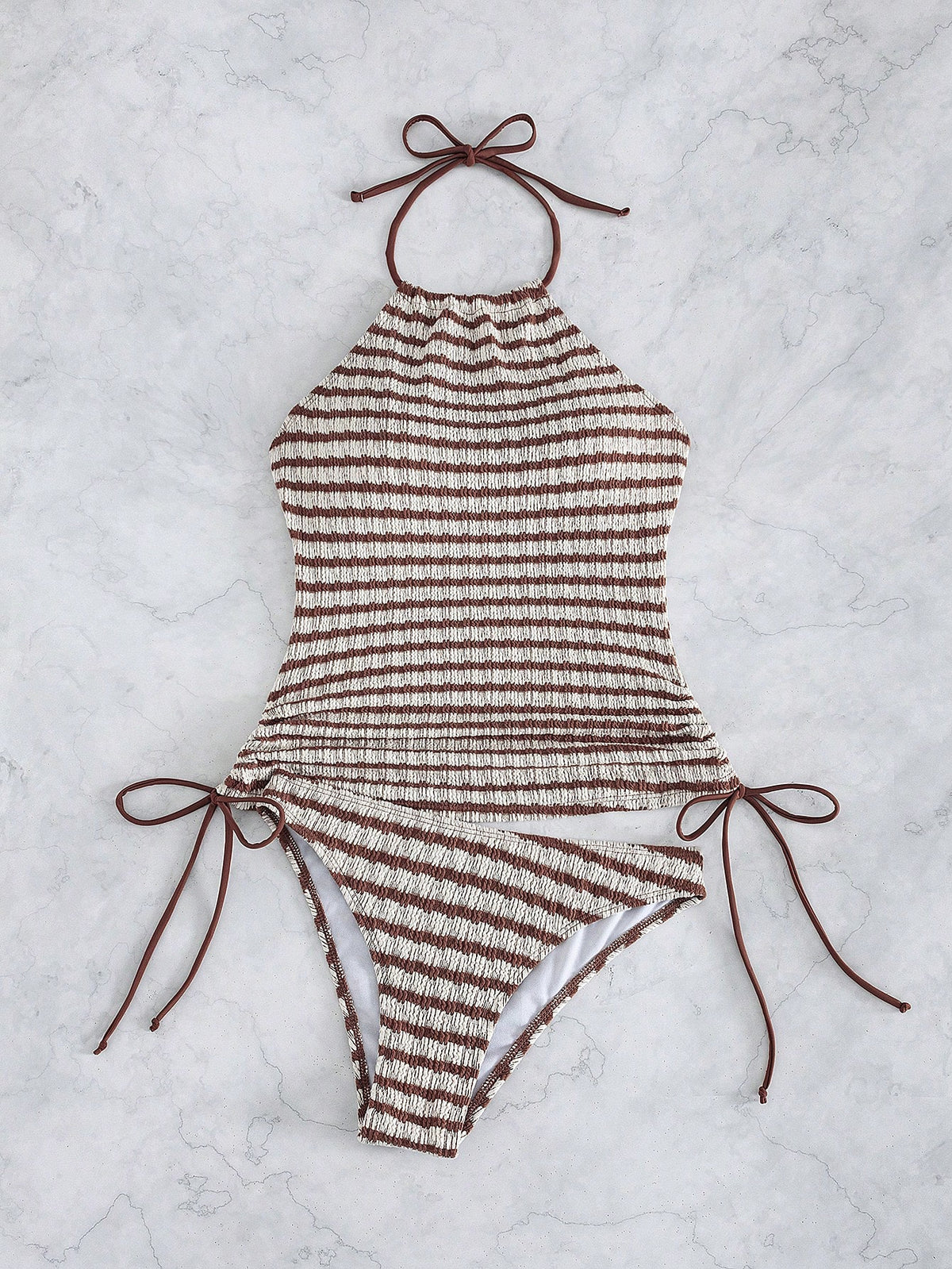 Swim Lushoire Women's Blue And White Stripe Drawstring Textured Fabric Spaghetti Strap Backless Holiday Camisole Bikini Top Beach Summer Casual