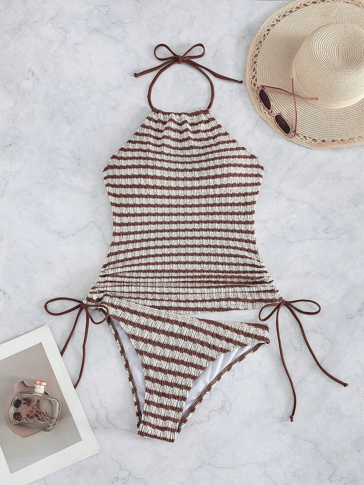 Swim Lushoire Women's Blue And White Stripe Drawstring Textured Fabric Spaghetti Strap Backless Holiday Camisole Bikini Top Beach Summer Casual