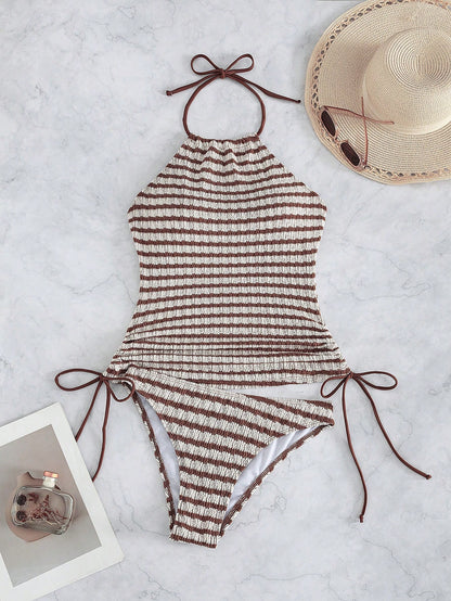 Swim Lushoire Women's Blue And White Stripe Drawstring Textured Fabric Spaghetti Strap Backless Holiday Camisole Bikini Top Beach Summer Casual