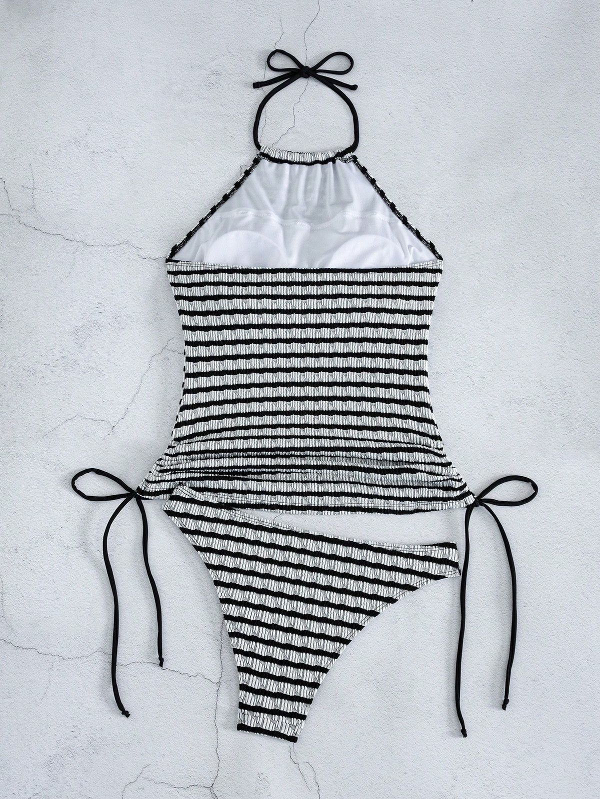 Swim Lushoire Women's Blue And White Stripe Drawstring Textured Fabric Spaghetti Strap Backless Holiday Camisole Bikini Top Beach Summer Casual