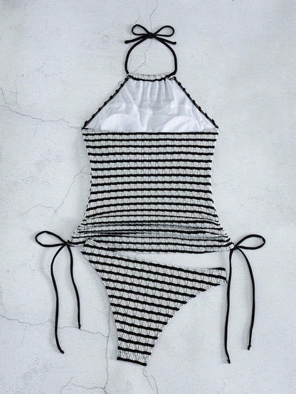 Swim Lushoire Women's Blue And White Stripe Drawstring Textured Fabric Spaghetti Strap Backless Holiday Camisole Bikini Top Beach Summer Casual