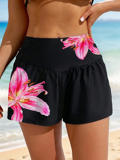 Swim Lushoire Women's Loose Lily Flower Printed Pocket Beach Shorts, Suitable For Summer Vacation