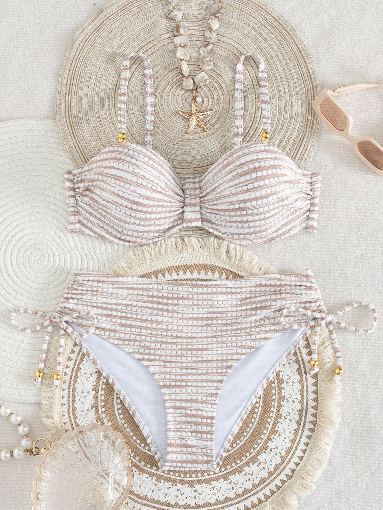 Swim Lushoire Women's New Special Fabric Metallic Bead Accent Swimwear Set