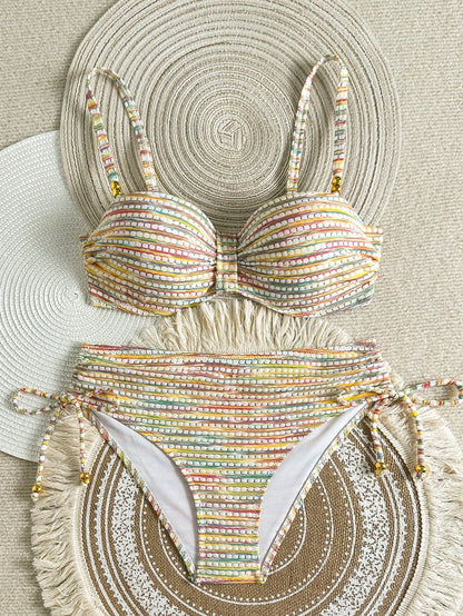 Swim Lushoire Women's New Special Fabric Metallic Bead Accent Swimwear Set