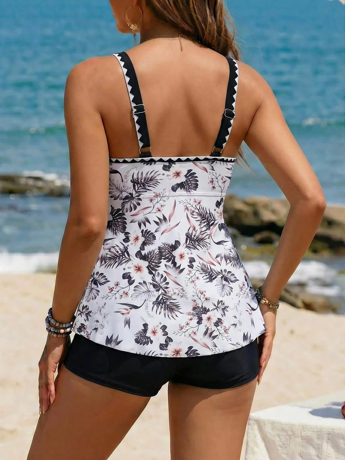 Swim Lushoire Women's Printed Colorblock Tankini Set (2 Pieces) With Ruched Bust Beach Holiday Vacation White Black Summer Tropical