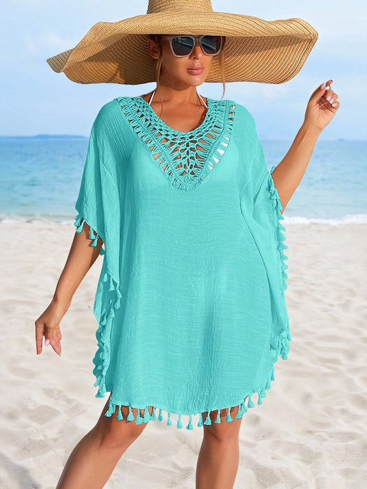 Swim Lushoire Women's Solid Color Tassel Beach Cover-Up