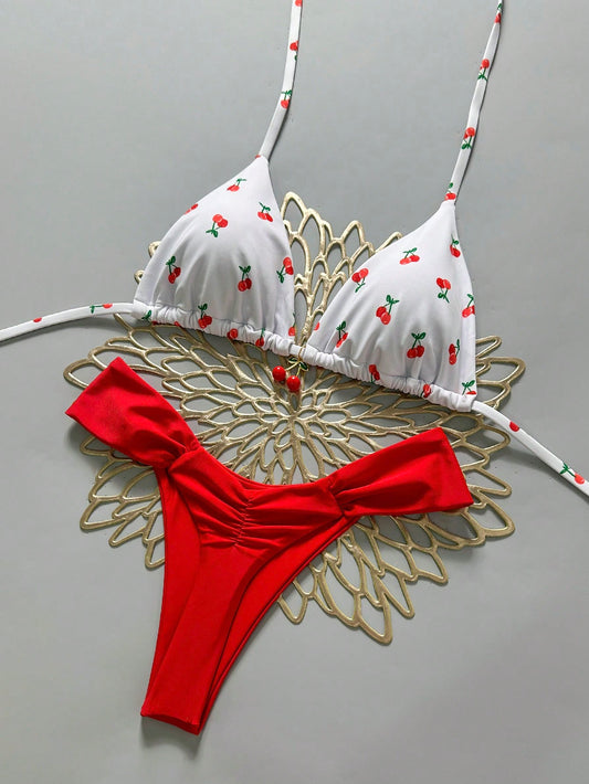 Swim Mod 2 Pieces Set,Cherry Print Halter Triangle Bikini Top And Red Bottoms, Women's Summer Swimwear,Cute Beach Party Holiday Bathing Suits For Women