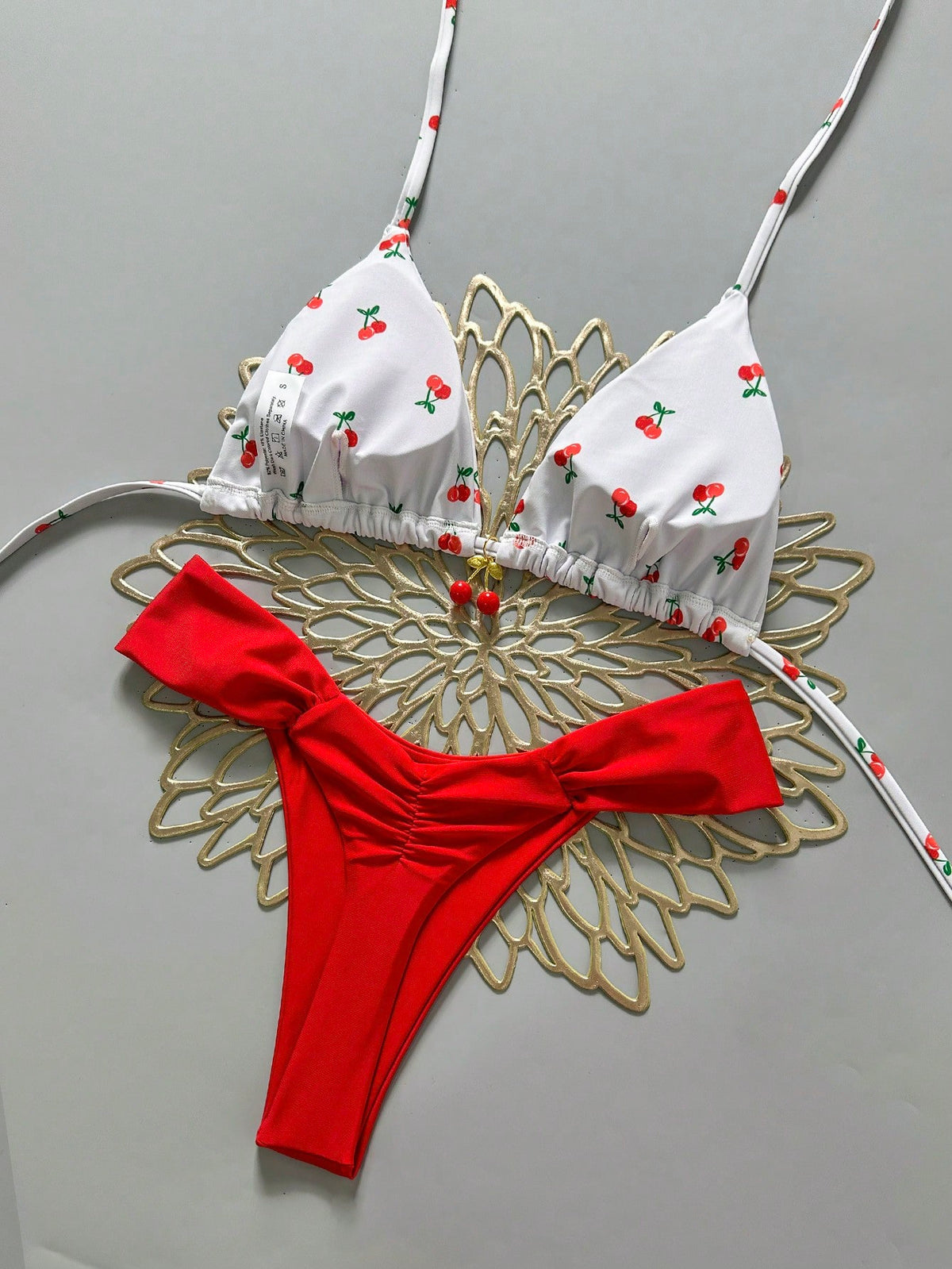 Swim Mod 2 Pieces Set,Cherry Print Halter Triangle Bikini Top And Red Bottoms, Women's Summer Swimwear,Cute Beach Party Holiday Bathing Suits For Women