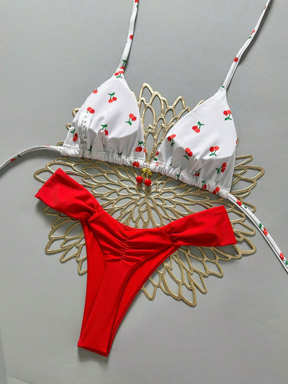 Swim Mod 2 Pieces Set,Cherry Print Halter Triangle Bikini Top And Red Bottoms, Women's Summer Swimwear,Cute Beach Party Holiday Bathing Suits For Women