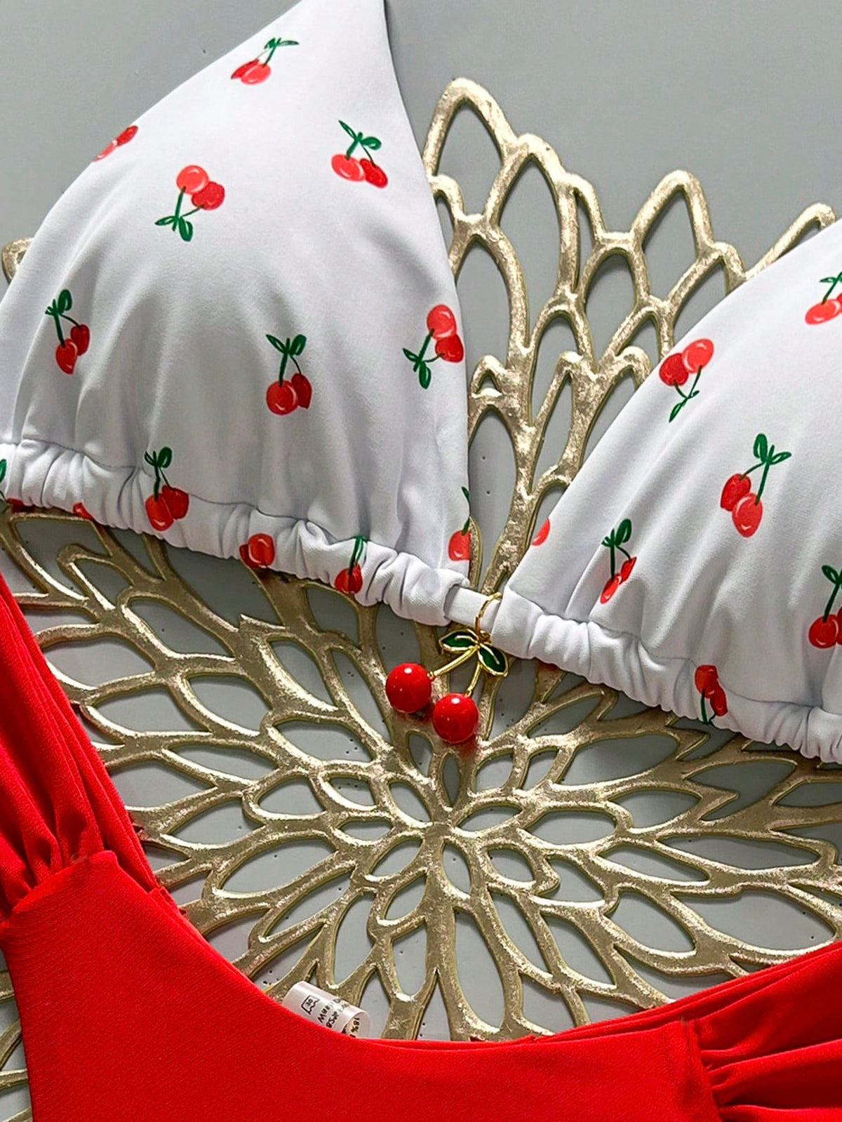 Swim Mod 2 Pieces Set,Cherry Print Halter Triangle Bikini Top And Red Bottoms, Women's Summer Swimwear,Cute Beach Party Holiday Bathing Suits For Women