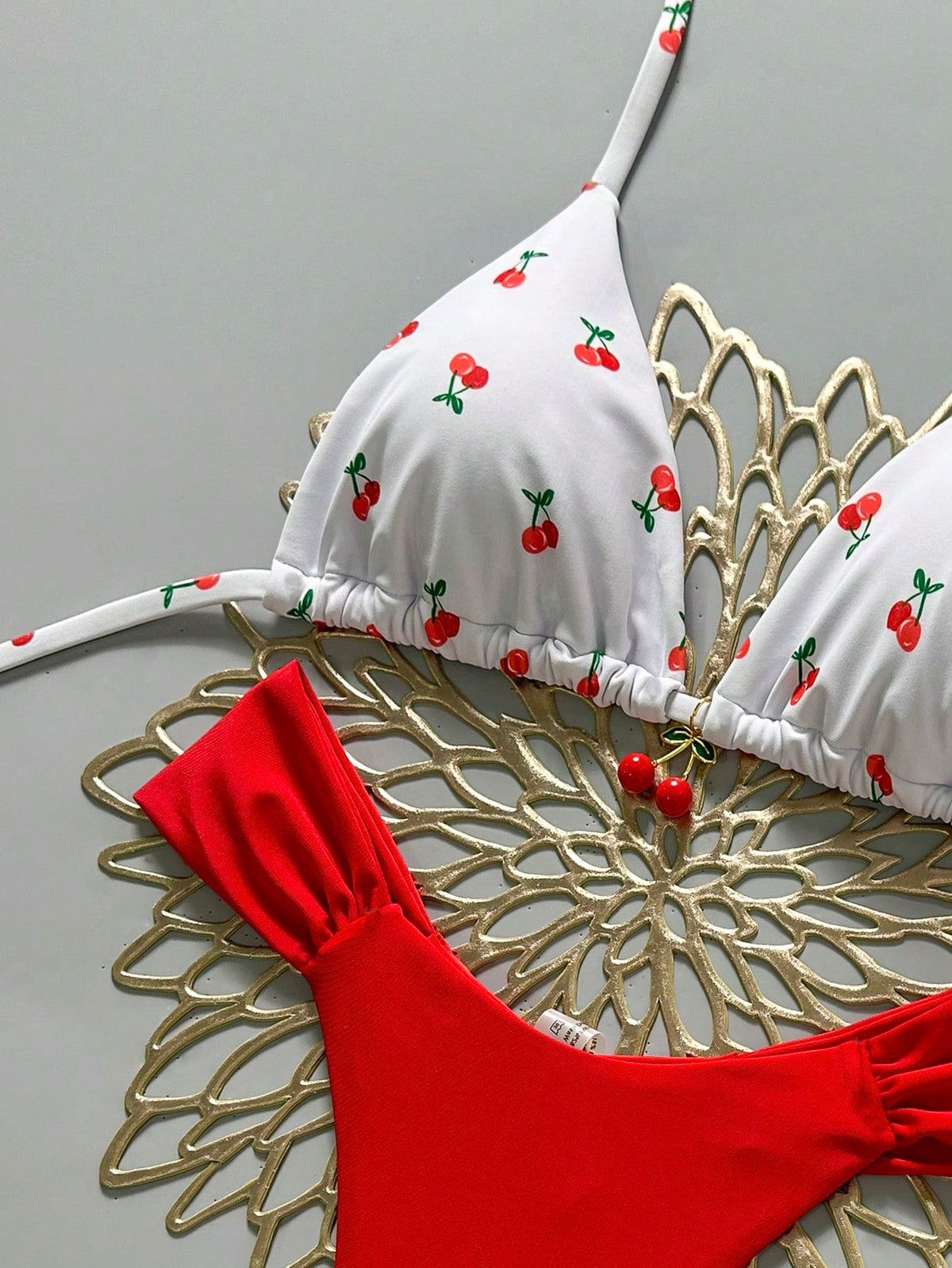Swim Mod 2 Pieces Set,Cherry Print Halter Triangle Bikini Top And Red Bottoms, Women's Summer Swimwear,Cute Beach Party Holiday Bathing Suits For Women