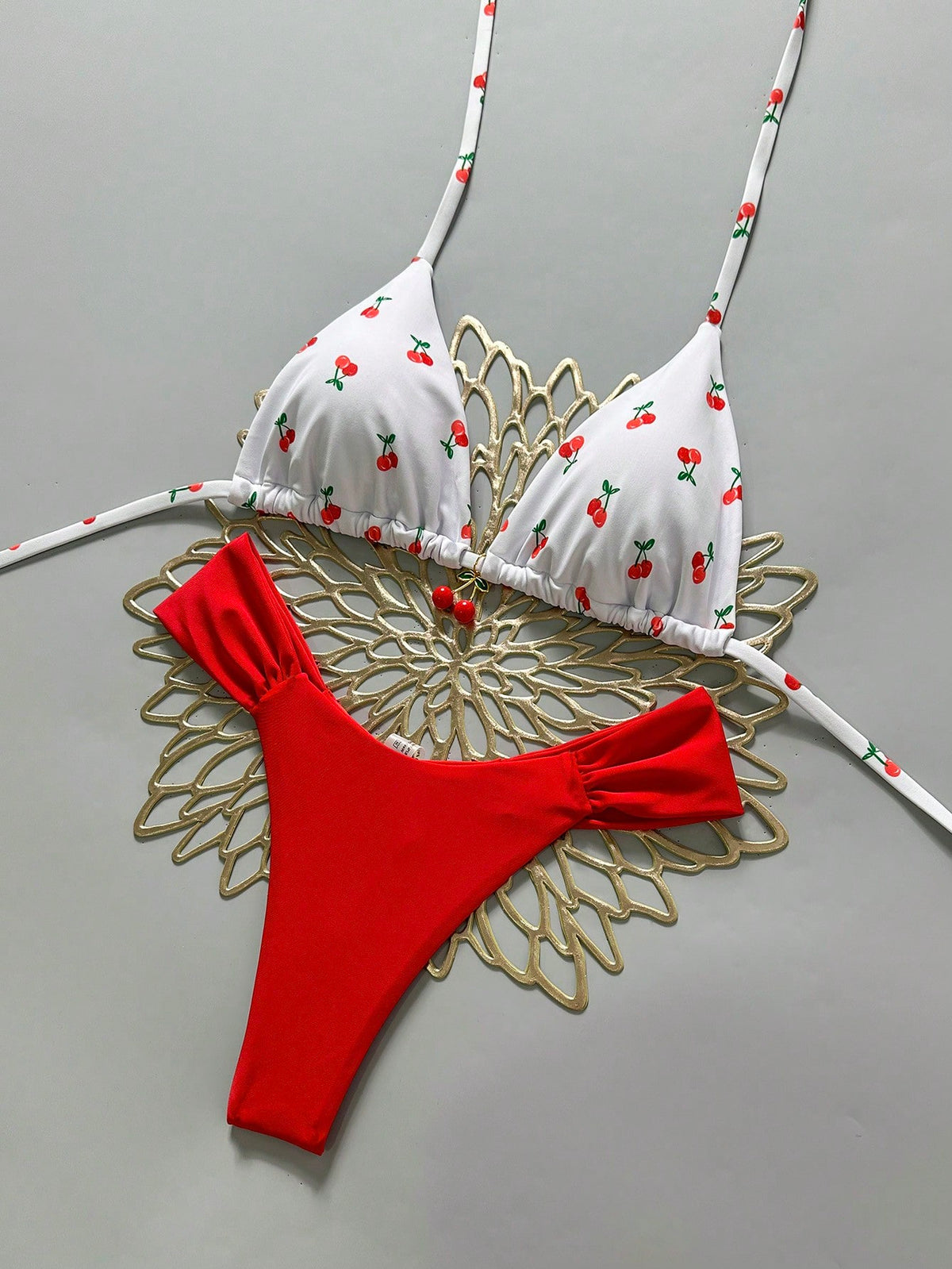 Swim Mod 2 Pieces Set,Cherry Print Halter Triangle Bikini Top And Red Bottoms, Women's Summer Swimwear,Cute Beach Party Holiday Bathing Suits For Women
