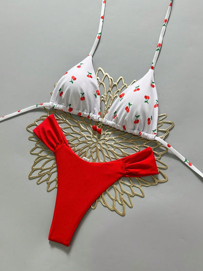 Swim Mod 2 Pieces Set,Cherry Print Halter Triangle Bikini Top And Red Bottoms, Women's Summer Swimwear,Cute Beach Party Holiday Bathing Suits For Women