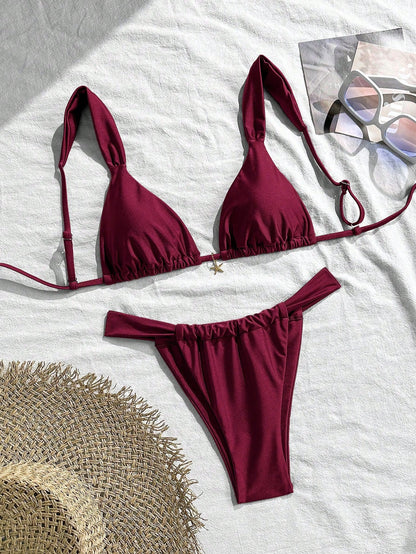Swim Mod 2 Pieces Set,Cherry Print Halter Triangle Bikini Top And Red Bottoms, Women's Summer Swimwear,Cute Beach Party Holiday Bathing Suits For Women
