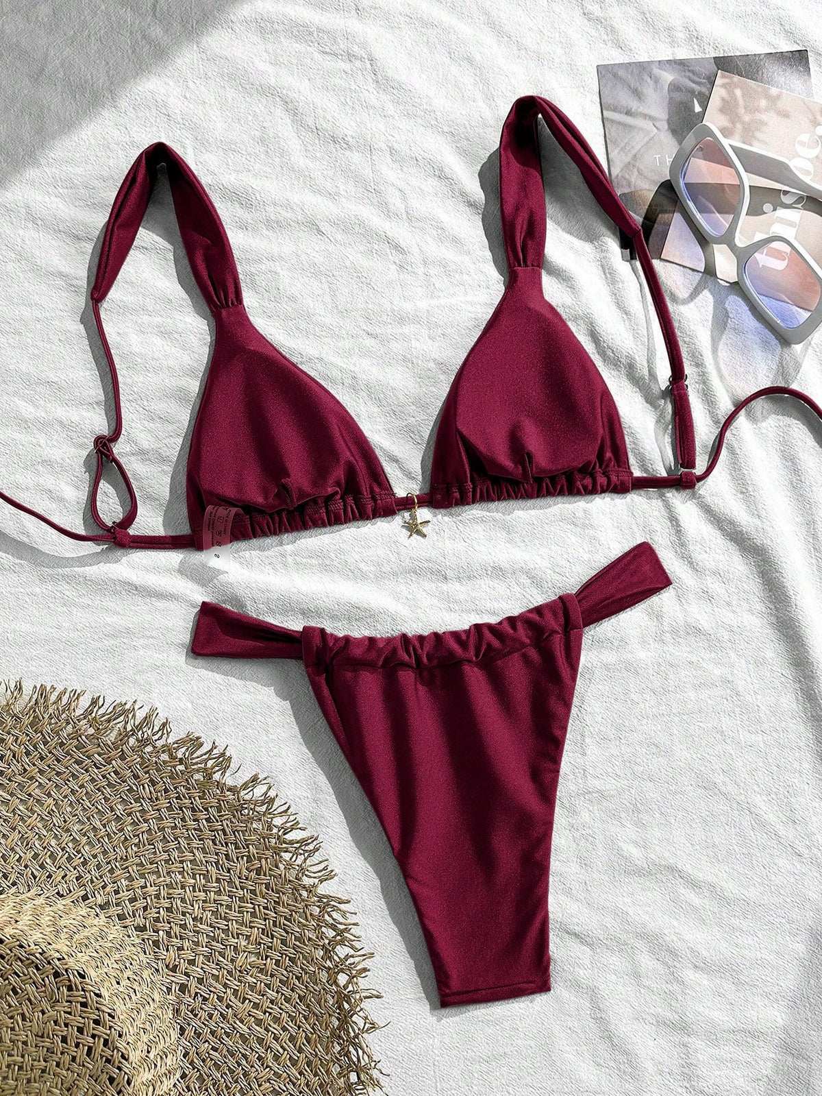 Swim Mod 2 Pieces Set,Cherry Print Halter Triangle Bikini Top And Red Bottoms, Women's Summer Swimwear,Cute Beach Party Holiday Bathing Suits For Women