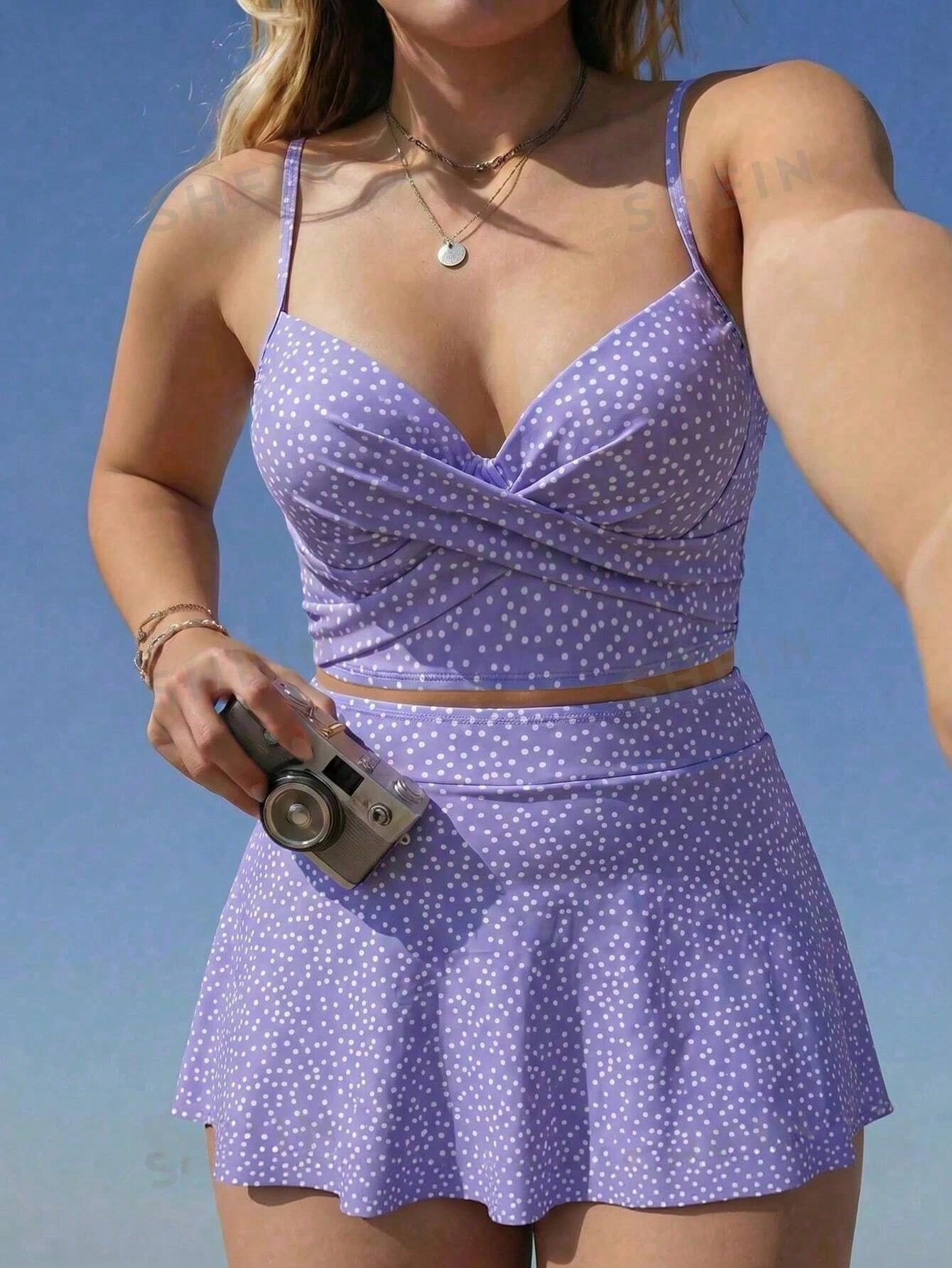 Swim Mod 2026 New Spring/Summer Plus Size Women's Elegant Purple Polka Dot Pattern Underwire Push-Up Top With Criss-Cross Design And Regular Skirt-Style Triangle Bottoms, Glamorous Minimalist Beach &