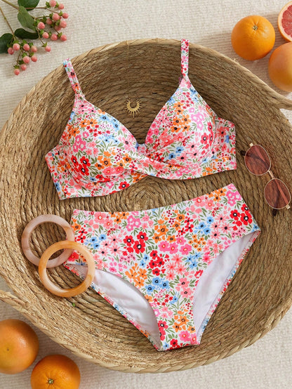 Swim Mod 2026 New Summer Beach Vacation Elegant Sweet Abstract Tie Dye Print Twist Front Plus Size Swimwear Set