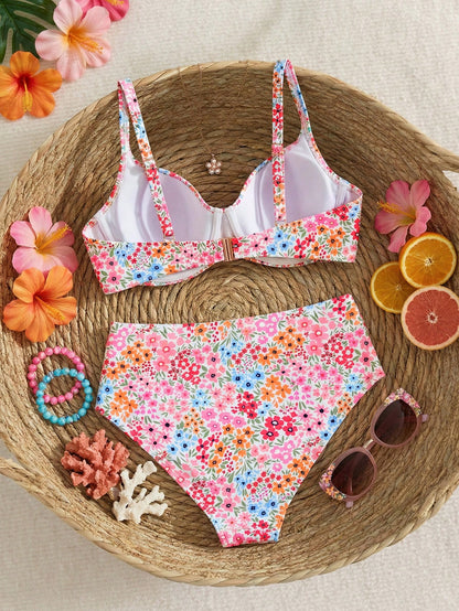 Swim Mod 2026 New Summer Beach Vacation Elegant Sweet Abstract Tie Dye Print Twist Front Plus Size Swimwear Set