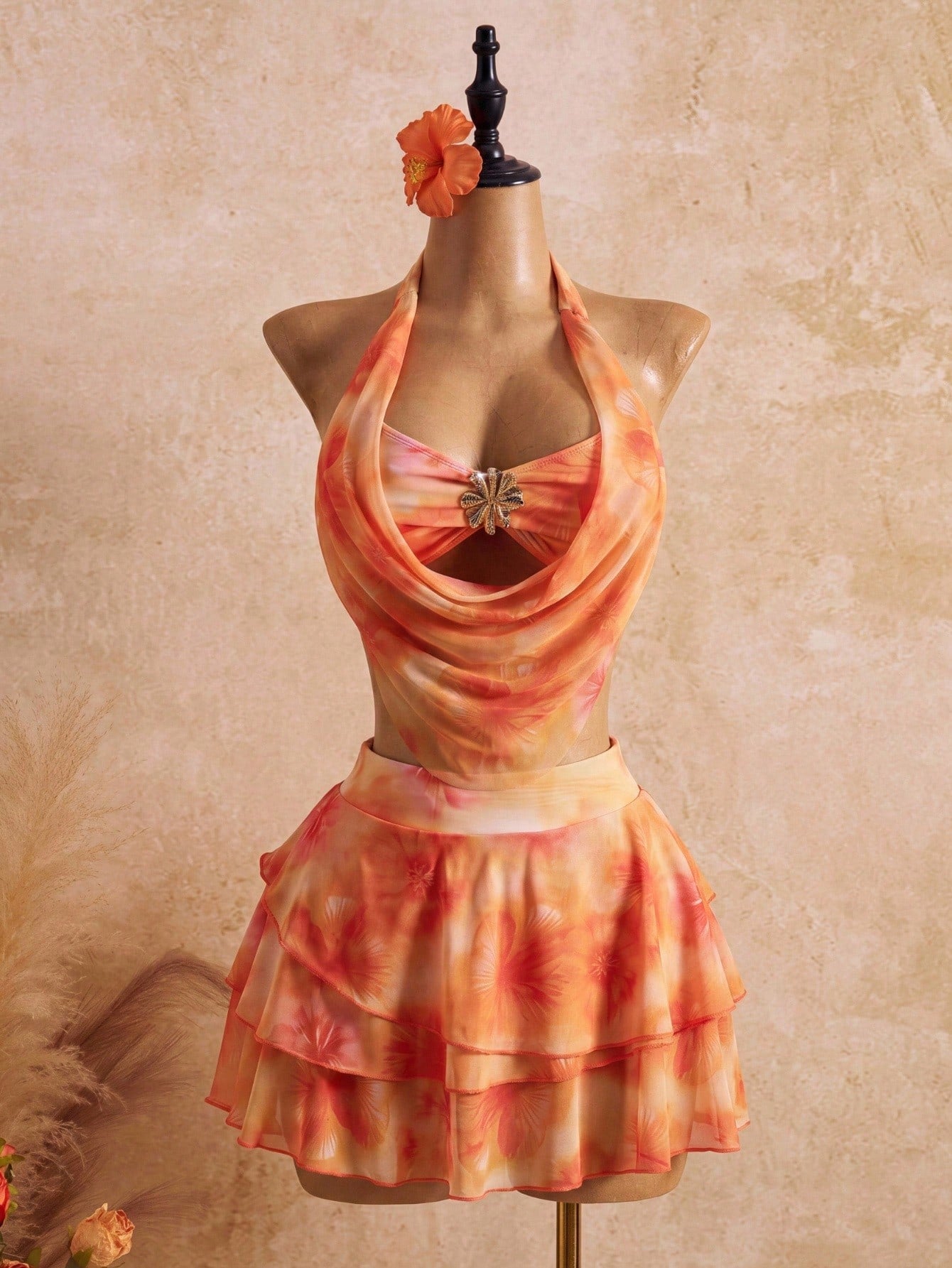 Swim Mod 2026 New Summer Beach Vacation Women's 3-Piece Bikini Set, Light Orange Floral Cake Skirt, Bohemian Style Beach Vacation Swimwear, Elegant Bohemian Style Party Outfit Plus Size Swimsuit Set