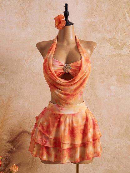 Swim Mod 2026 New Summer Beach Vacation Women's 3-Piece Bikini Set, Light Orange Floral Cake Skirt, Bohemian Style Beach Vacation Swimwear, Elegant Bohemian Style Party Outfit Plus Size Swimsuit Set